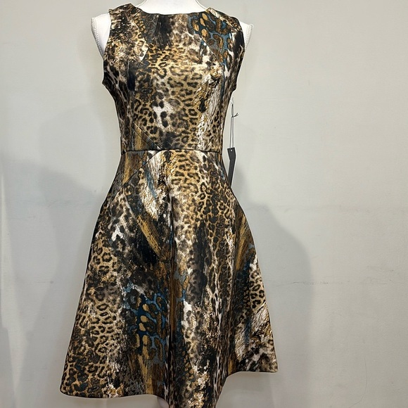 Jennifer Lopez Sleeveless Fit and Flare Scuba Cocktail Dress Leopard Print - Picture 2 of 15